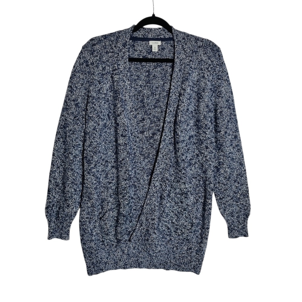 LL‎ Bean Womens Medium Blue Marled Cotton Open Front Cardigan Sweater 503637